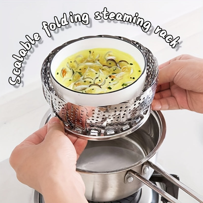 Multi-functional stainless steel steamer rack that can be expanded or folded for convenient storage, great for steaming a variety of foods such as buns, eggs, and fruits. A must-have kitchen gadget for use at home, in dorms, or during holidays.