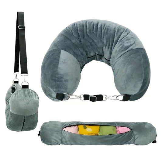 A multifunctional U-shaped travel neck pillow made with lightweight, extra soft flannel that is machine washable. It features an adjustable strap for luggage attachment, making it versatile for use in various settings. This pillow is designed to be