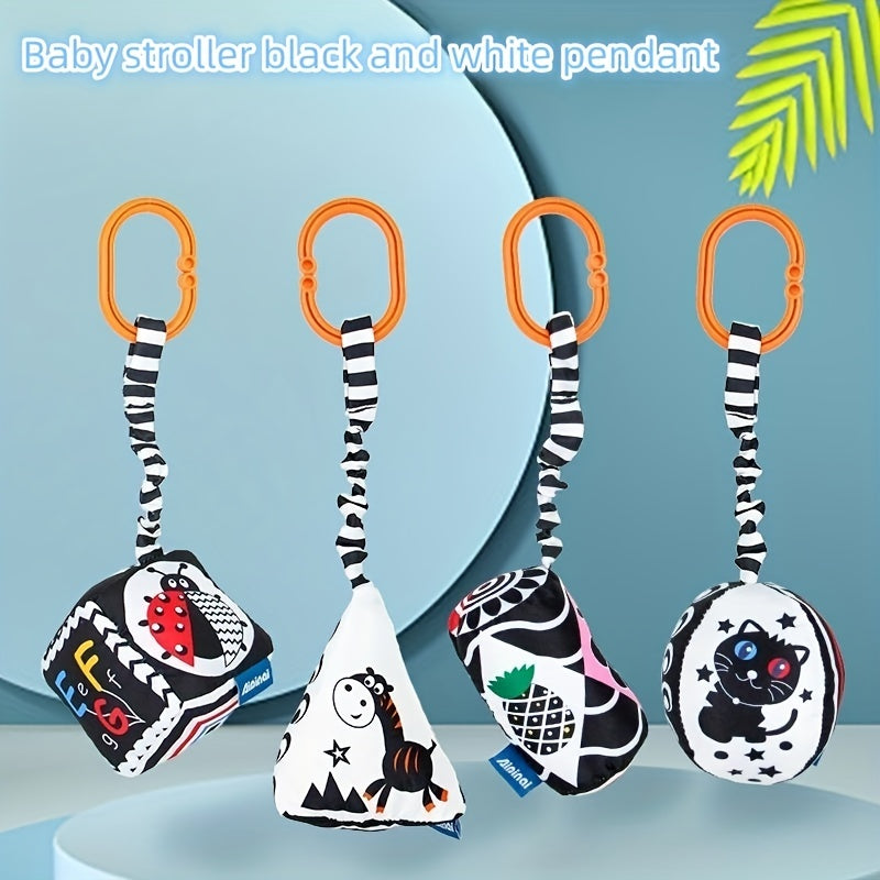 Geometric-shaped black and white hanging toys for babies, designed for early education and visual stimulation. Perfect for attaching to strollers, car seats, or hanging over baby's bed.