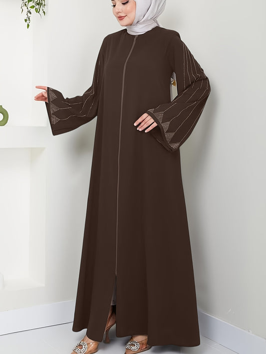 Brown rhinestone-embellished loose fit dress for Muslim women's fashion