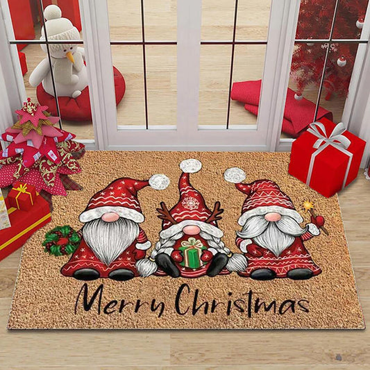 1 or 2 pieces of Christmas Gnome Welcome Doormat, designed for indoor and outdoor use. This washable low pile mat features non-slip rubber backing and is absorbent, making it suitable for use as a bath mat, RV mat, farmhouse kitchen rug, or in the