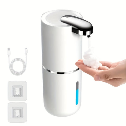 Wall-mounted 380ml Soap Dispenser with USB rechargeable battery offers touchless hand & lotion pump operation. Made of plastic with multi-level foaming press for bathroom use.