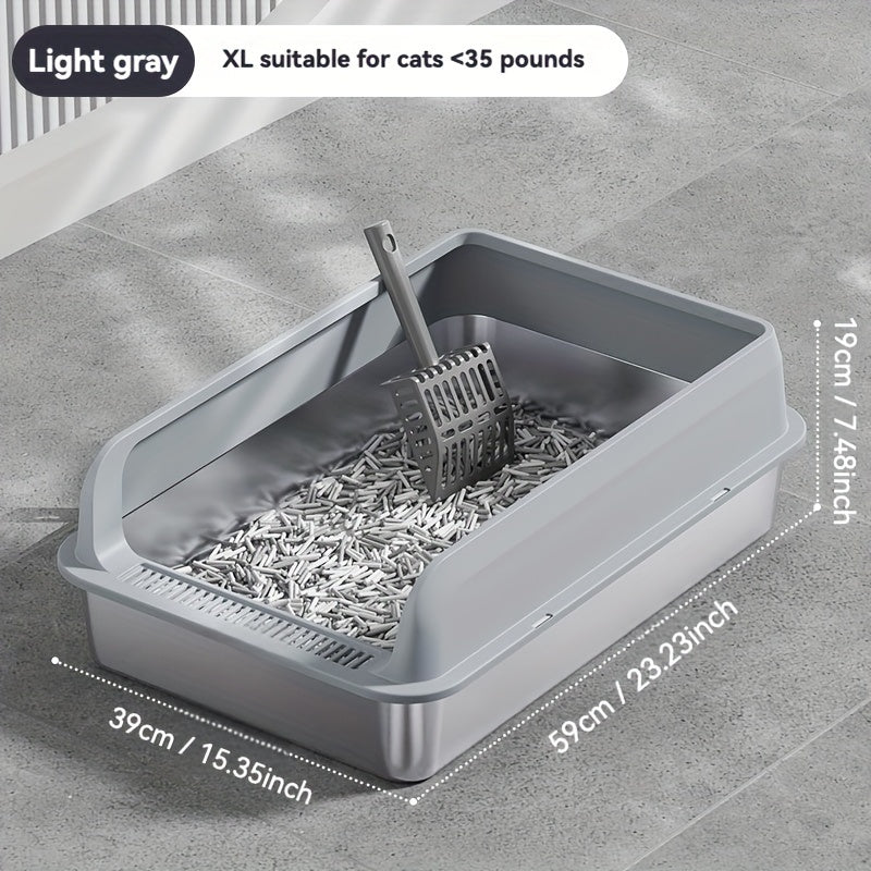 Large stainless steel litter box with splash guard cover for easy cleaning.