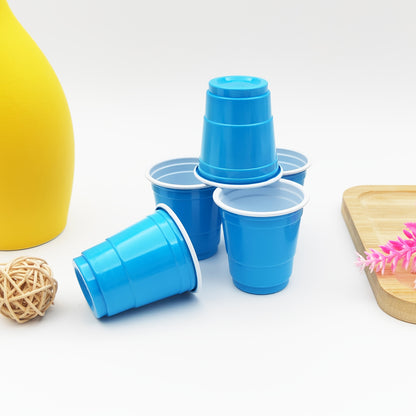 50 two-tone 2oz plastic party shot cups for various occasions like weddings, banquets, parties, and outdoor events.