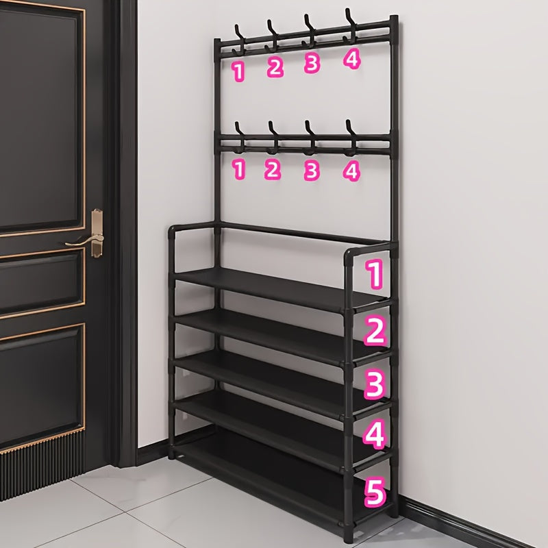 This versatile Metal Entryway Shoe Rack measures 80cm/31.49in wide and features 8 hooks for convenient storage of shoes, scarves, and hats. Perfect for entryways, living rooms, and bedrooms, this rack is easy to install and move around, requiring no wood