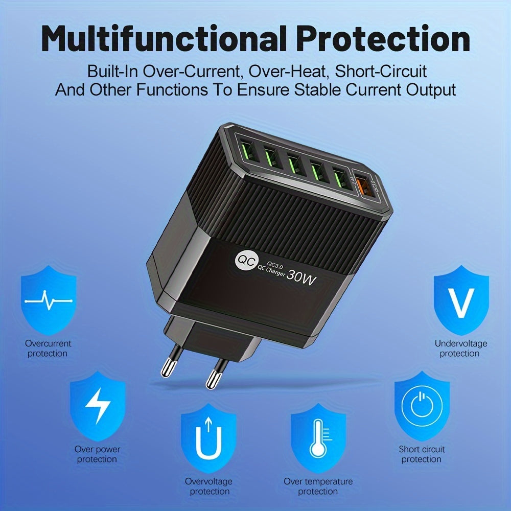 6-port USB wall adapter with 30W fast charging and QC 3.0, EU plug - ideal for mobile devices.