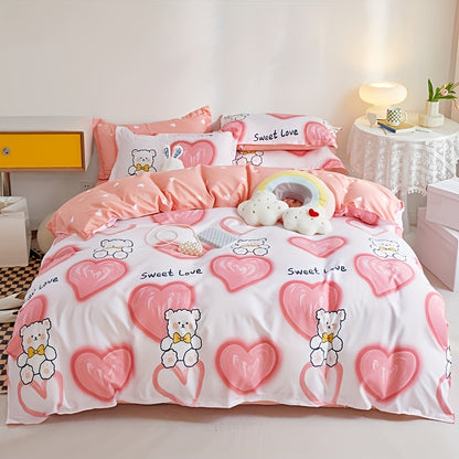 Four Seasons bedding set with Love Bear print, includes quilt cover, pillowcases, and fitted sheet. Soft, breathable, machine washable.