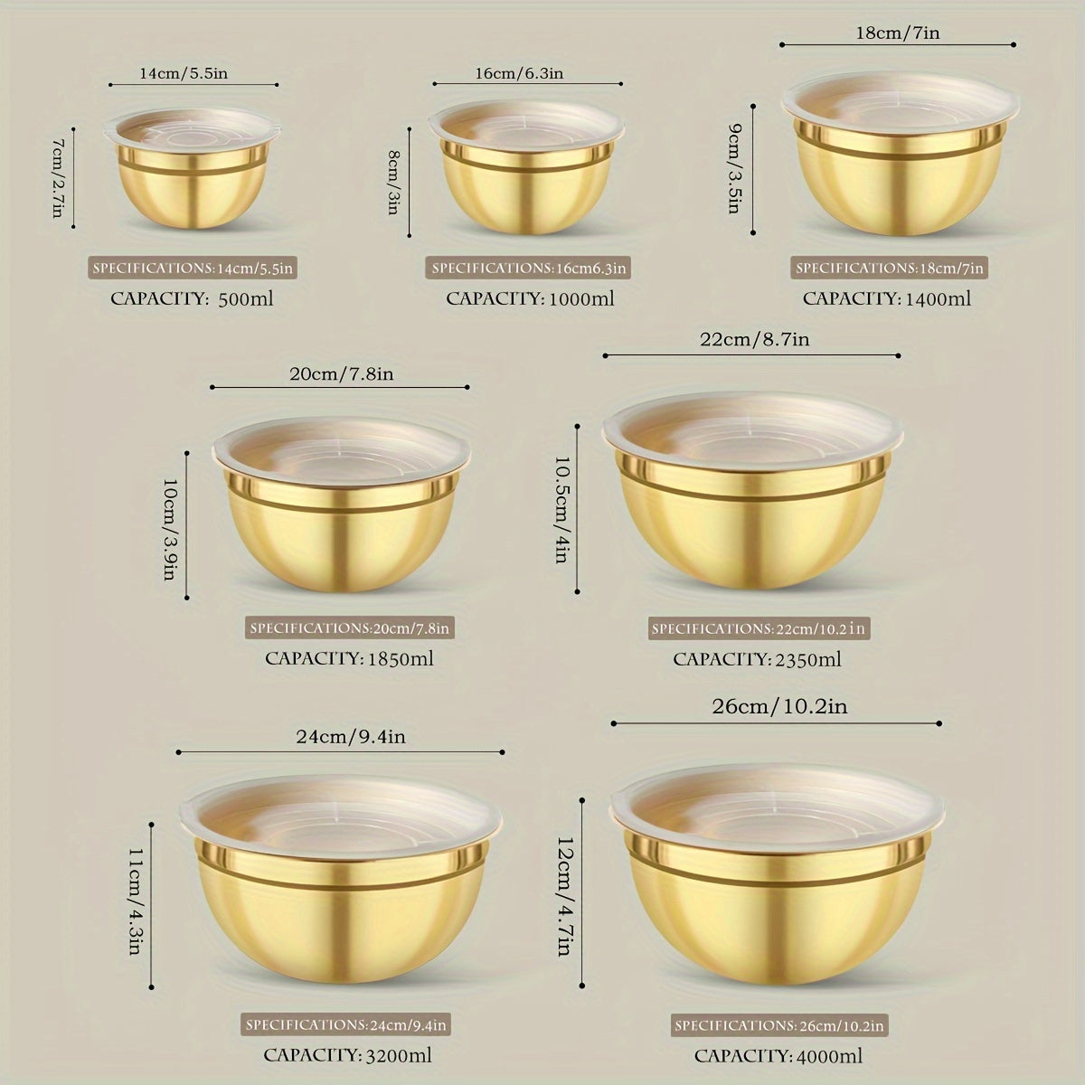 Stainless steel mixing bowl set in gold with lids in white, black, and khaki. Ideal for Christmas serving, baking, preparation, cooking, and serving food. Nested design saves space, dishwasher safe. Available in various sizes from 500ml to 4000ml.