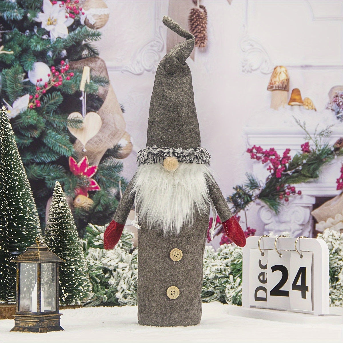 Soft knit Santa Claus wine bottle cover, ideal for holiday celebrations and gifting.