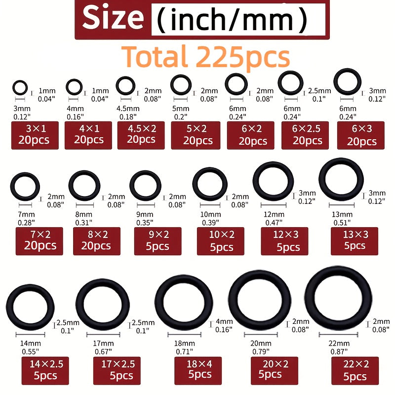 225-piece O-Ring Assortment Set for Automotive & Machinery with Oil & Water Resistant Rubber Seals.