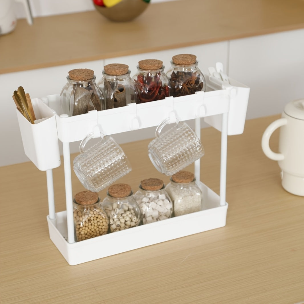 Organize your kitchen with the 2-Tier Classic White Sink Organizer Rack. Made of durable plastic, this rack features open storage for easy access to spices and essentials. With easy assembly and a portable design, no power is needed for this convenient