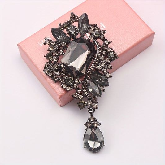 Ladies Novelty Accessory - Waterfall Crystal Brooch with Teardrop Pendant in Vintage Style