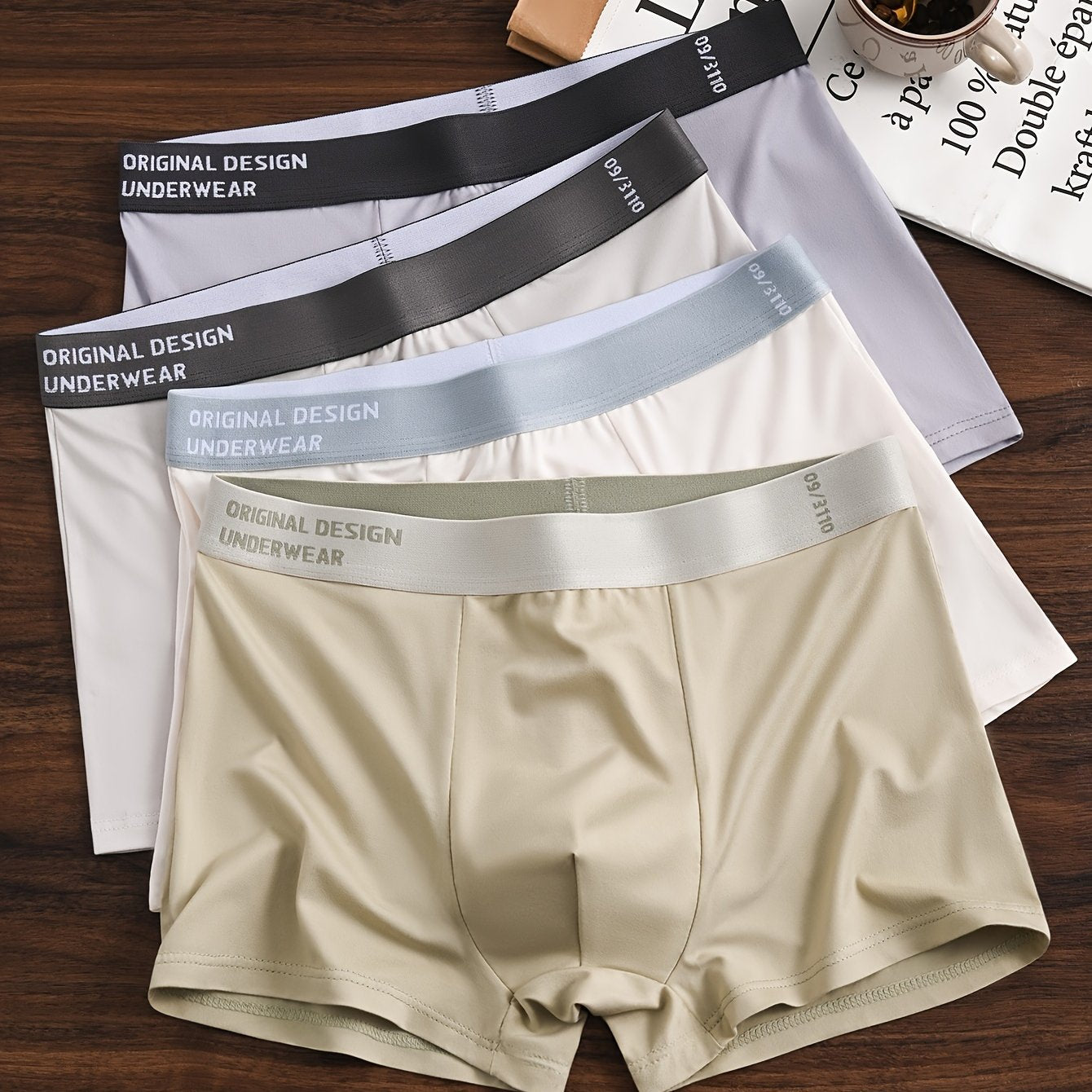 4pcs Set of Men's Boxer Briefs in solid color polyester blend fabric with high stretch, knit fabric, ideal for casual wear. Shortie style with 125 g/m² fabric weight, sweat-resistant.