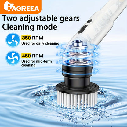 The IAGREEA electric rotary scrubber features 3 adjustable speeds and comes with a cordless electric rotary cleaning brush. It includes a handheld shower with 9 replaceable brush heads, an adjustable extended handle, and is suitable for use on tiles