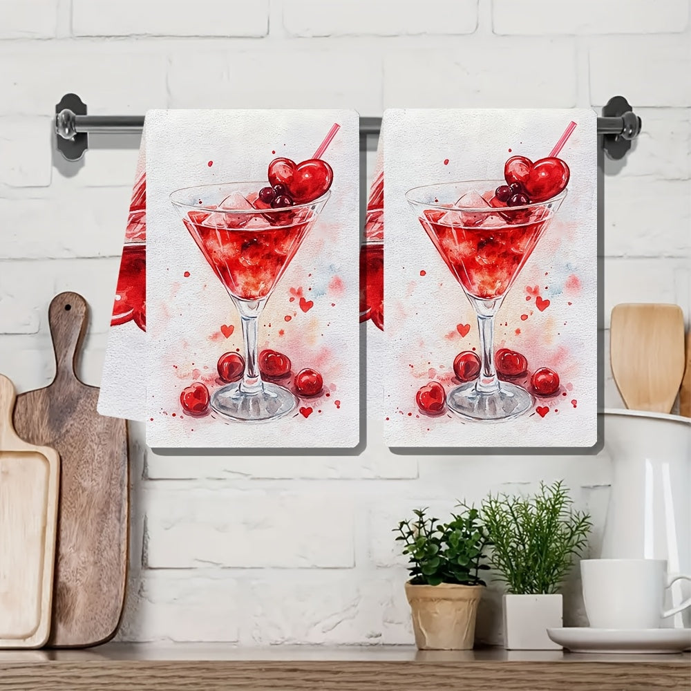 Set of 2 Ultra Soft Kitchen Towels with Valentine's Day Cherry Cocktail Design. These highly absorbent and machine washable dish hand towels measure 40.64x60.96 cm. Perfect for holiday decor, these dish towels are both functional and stylish.