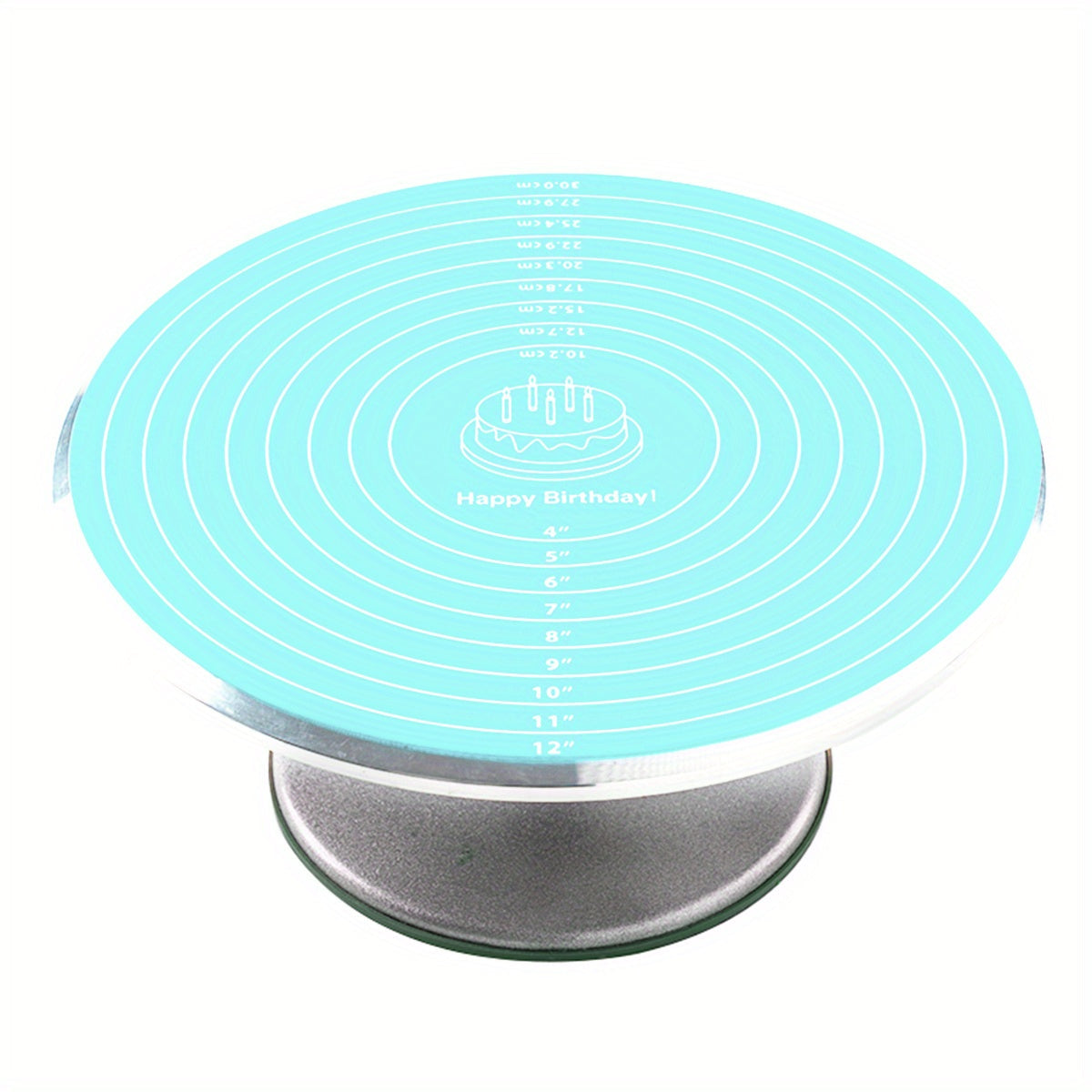 Silicone baking mat with measurements for cake turntable stand, non-stick and heat resistant. Perfect for pastry baking.