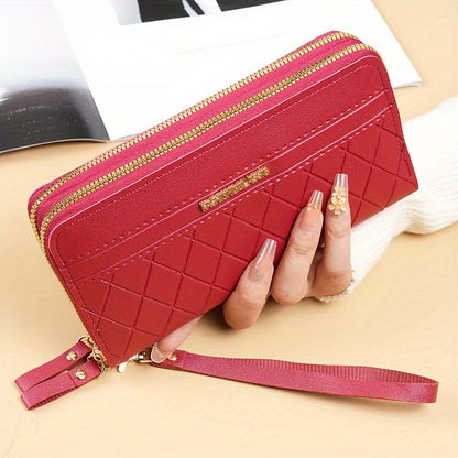 Fashion Double Zipper Long Wallet, Argyle Pattern Clutch Bag, Women's Wrist Coin Purse Mobile Phone Bag