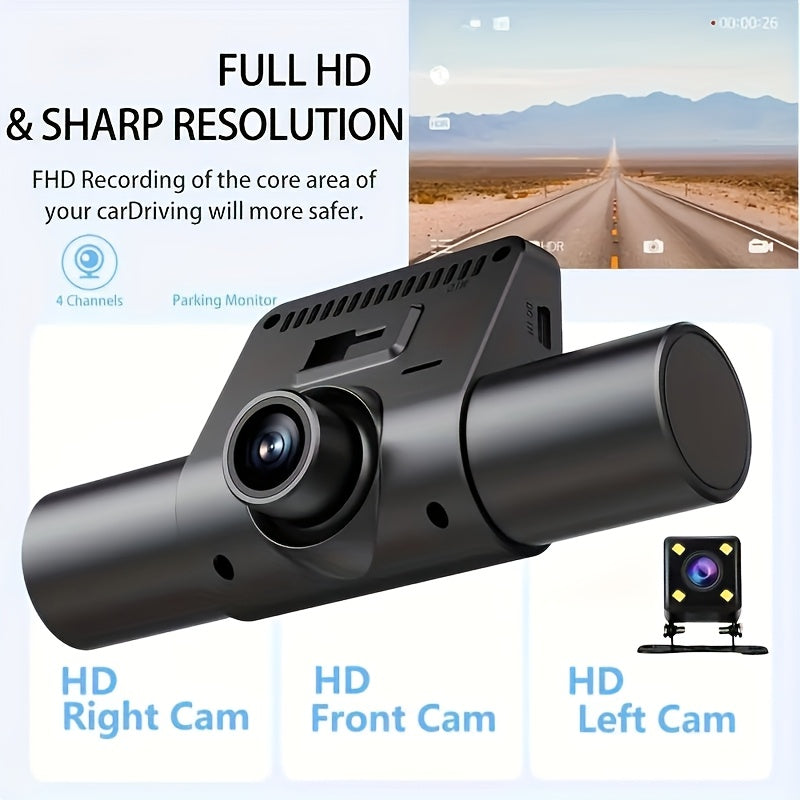 5.08cm HD dual-lens car recorder with night vision, 32GB card. Front and rear simultaneous recording, wide angle, motion detection, G-sensor, loop recording, parking monitor.