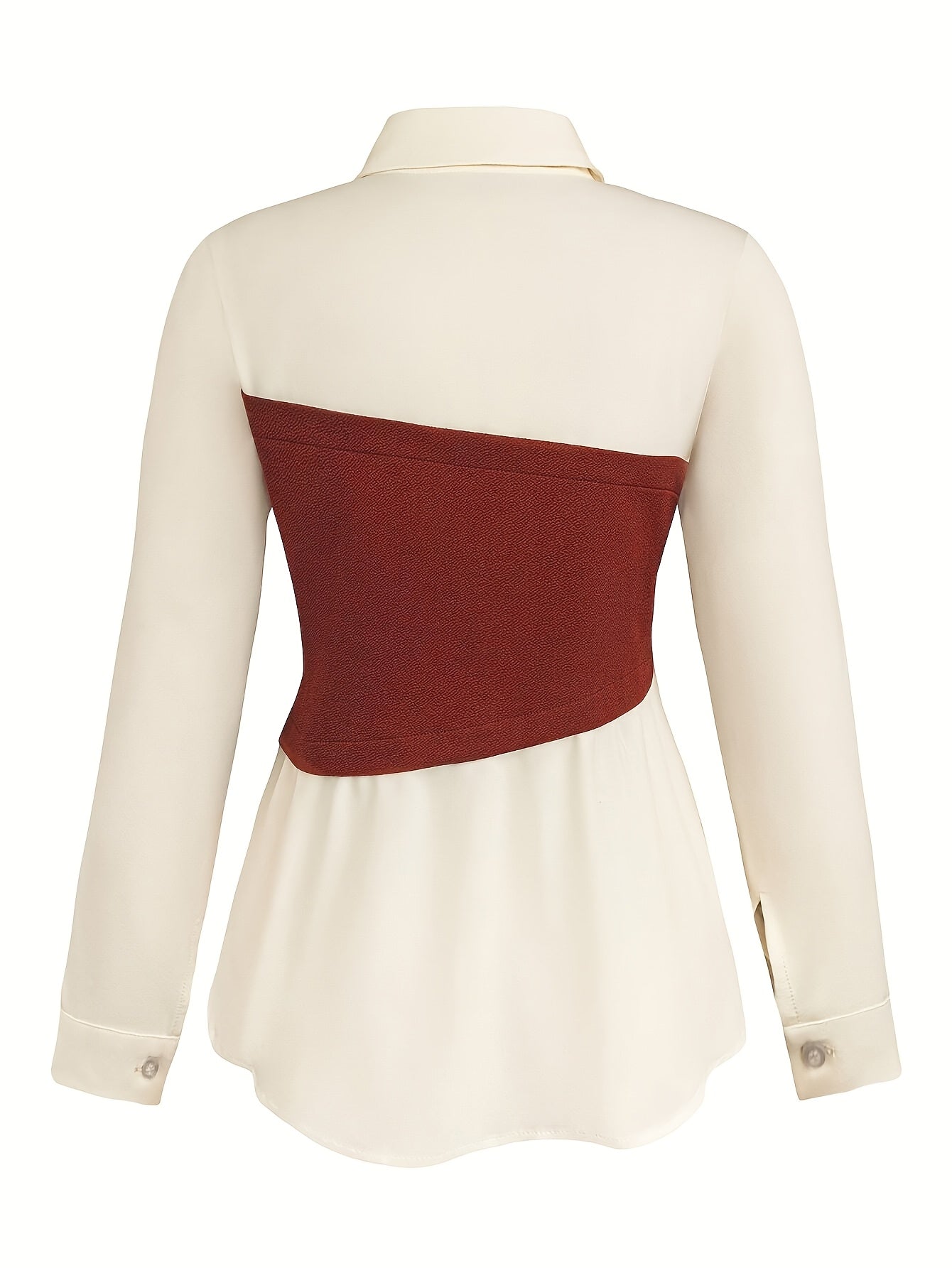 Elegant women's two-piece set in burgundy and white, 100% polyester, machine washable, ideal for spring/fall.