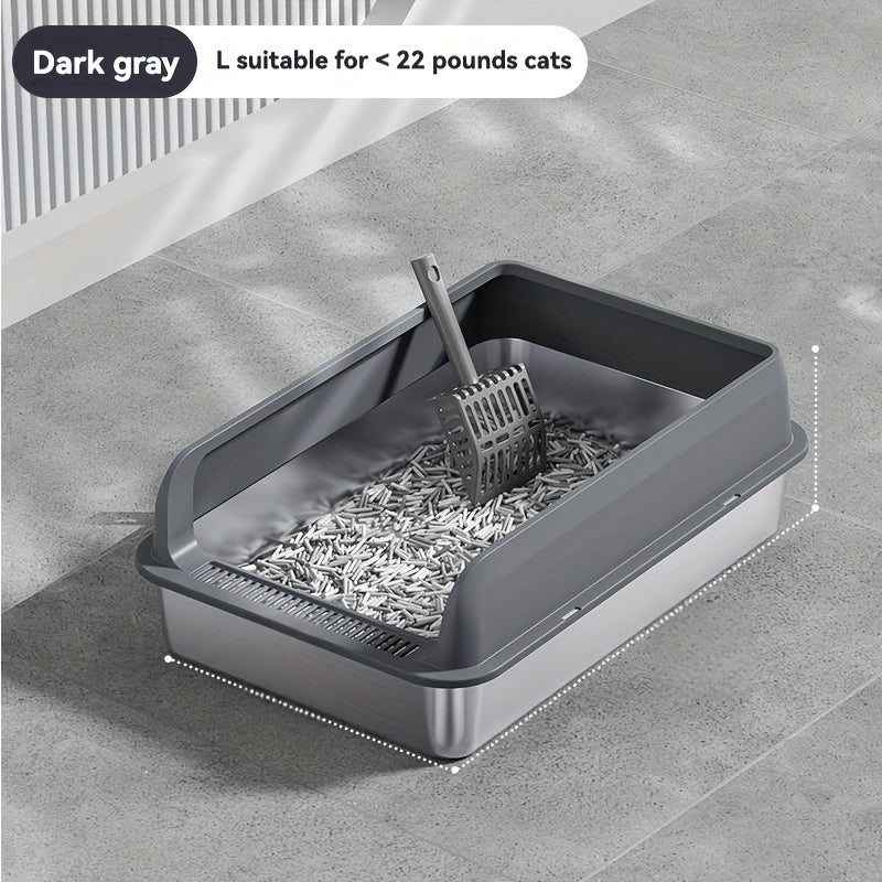 Large stainless steel litter box with splash guard cover for easy cleaning.