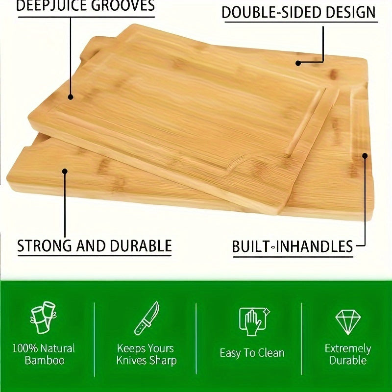 Set of 3 Bamboo Cutting Boards with Juice Grooves - Sturdy, Long-lasting Chopping Boards for Meat & Vegetables, Convenient Handle for Easy Use - Ideal Kitchen Gift