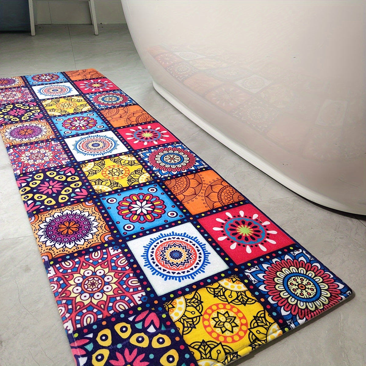 Area rug with Moroccan influences designed to prevent slipping, featuring a soft and durable material that is machine washable. Suitable for use in the living room, bedroom, kitchen, and bathroom. Multiple sizes to choose from.