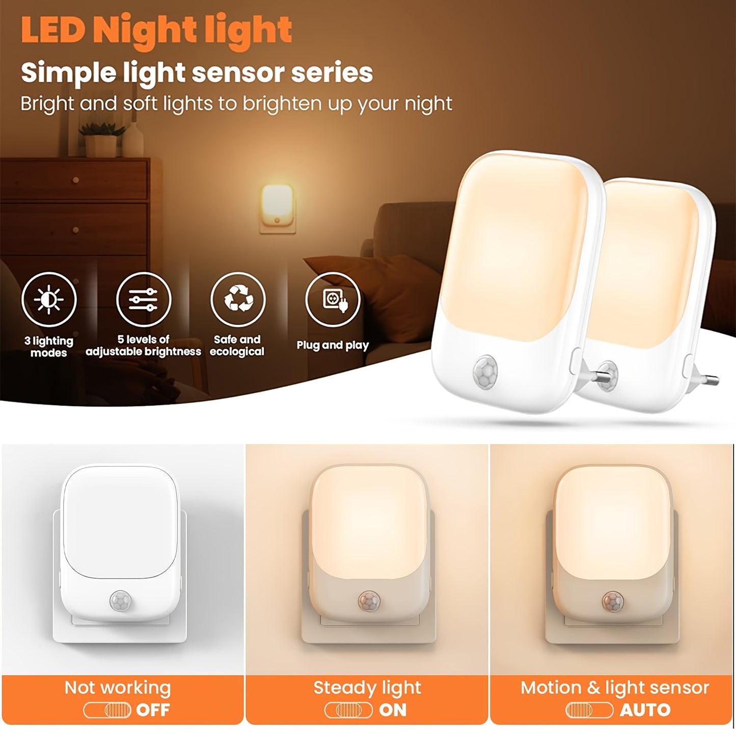 Motion Sensor Night Light Socket with 5 Adjustable Brightness LED Lights in Warm White, Modern Freestanding Wall Mounted Night Lamps for Bedroom, Hallway, and Kitchen. Includes European Standard Plug.