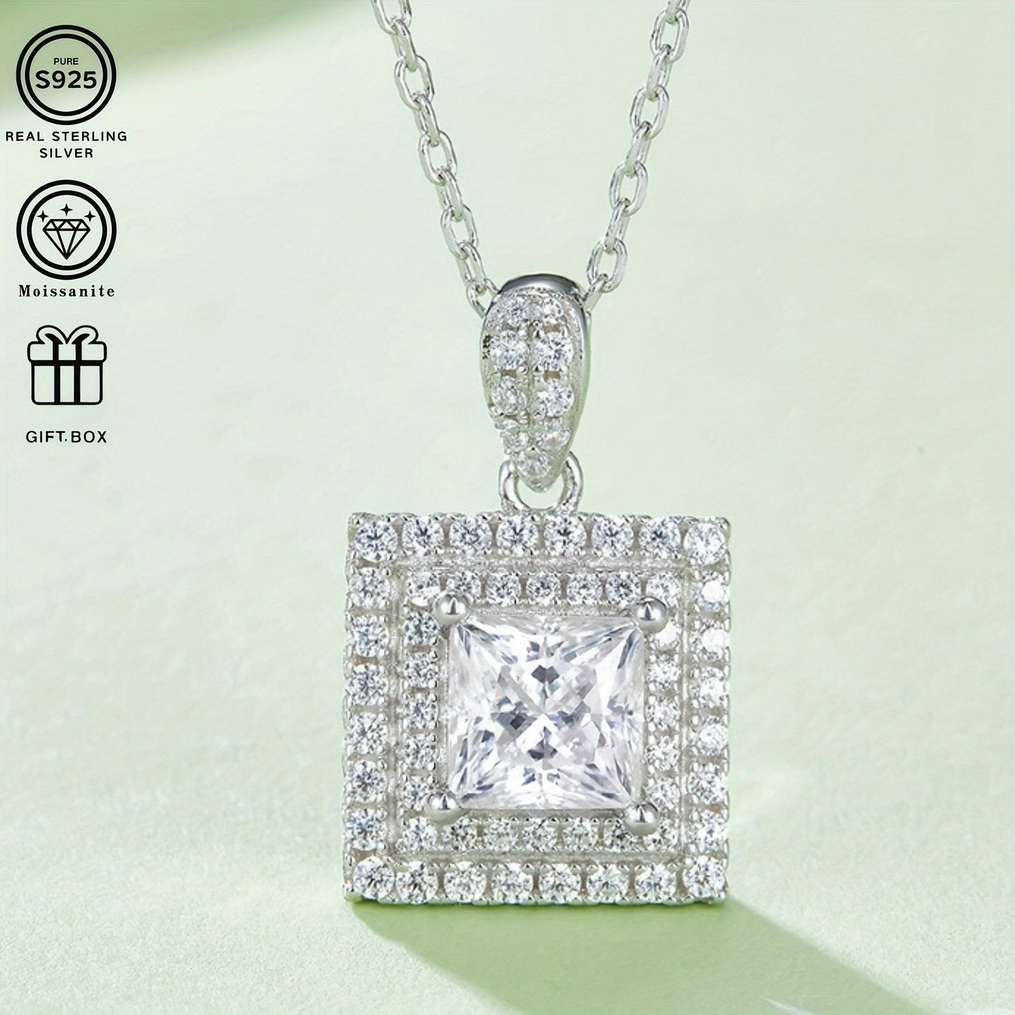 This luxurious jewelry set for women features a stunning collection of S925 silver square moissanite pieces. Included is a 1ct moissanite necklace and 0.5*2ct moissanite earrings, both designed to sparkle and shine. This set is perfect for gifting