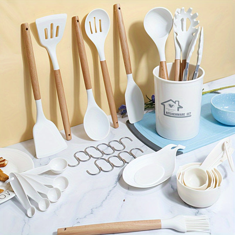 38-piece set of silicone utensils with wooden handles, designed for safe and non-stick cooking. This modern cookware collection is washable and includes all the kitchen essentials and gadgets you need.