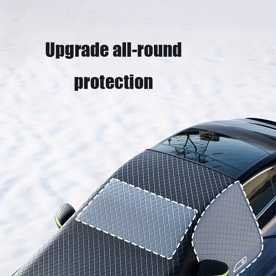 Durable polyester cover protects car windshield from snow and frost, fits most vehicles.