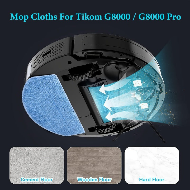 Get a pack of 6 microfiber mop cloths designed for use with Tikom G8000/G8000 Pro Robot Vacuum Cleaner. These cloths are also compatible with Honure G20 and Laresar Evol 3 models, providing high absorption for efficient floor cleaning.