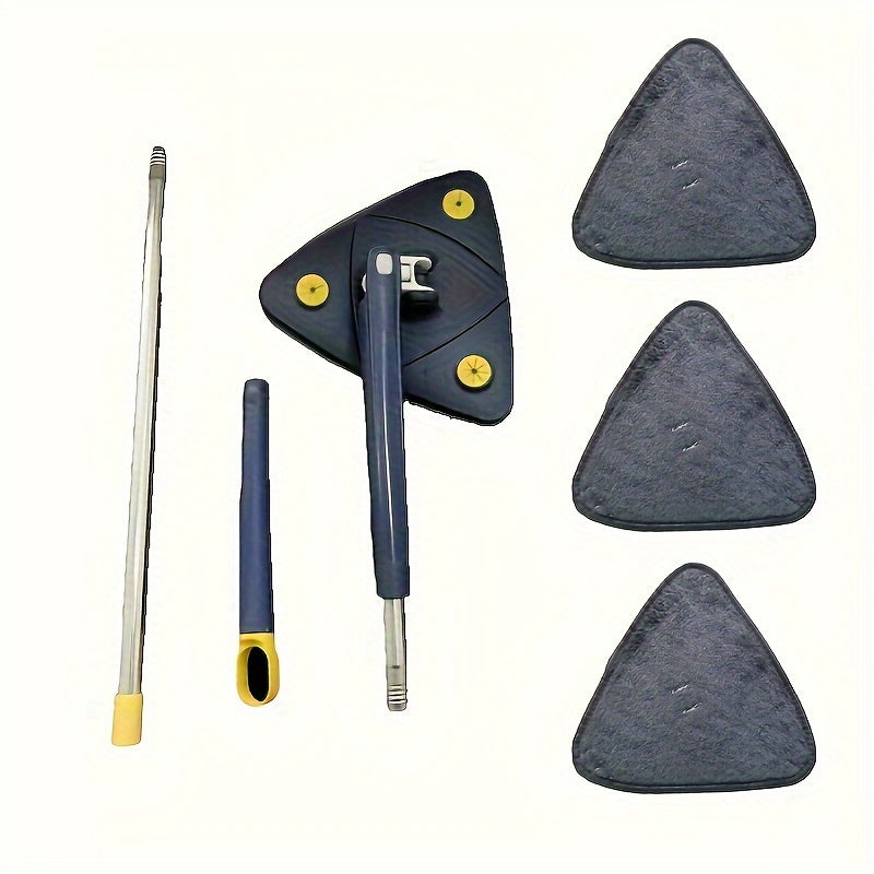 This durable plastic and metal triangle mop set is versatile and perfect for complete floor cleaning in kitchens, bathrooms, and living rooms. It is extendable, adjustable, and rotatable, making it ideal for all your cleaning needs.