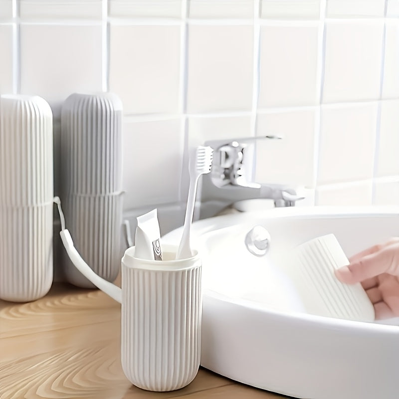 Portable toothbrush holder with rinse cup for travel and bathroom use, hypoallergenic and alcohol-free.