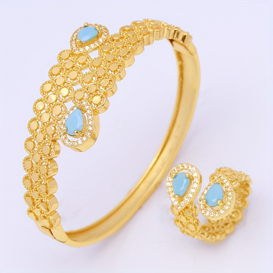 A summer fashion set for women in a Middle Eastern direction, featuring a blue turquoise and zirconia bracelet and ring made of copper. This bohemian style set is perfect for gift giving and daily wear.