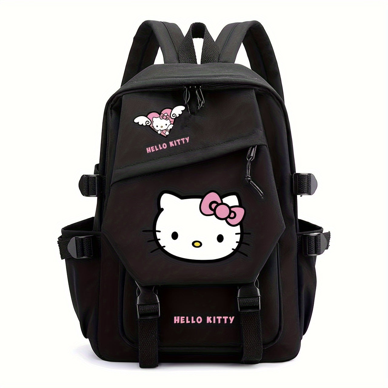 Sturdy Hello Kitty backpack with padded straps, multiple compartments, and reinforced bottom for school or travel.