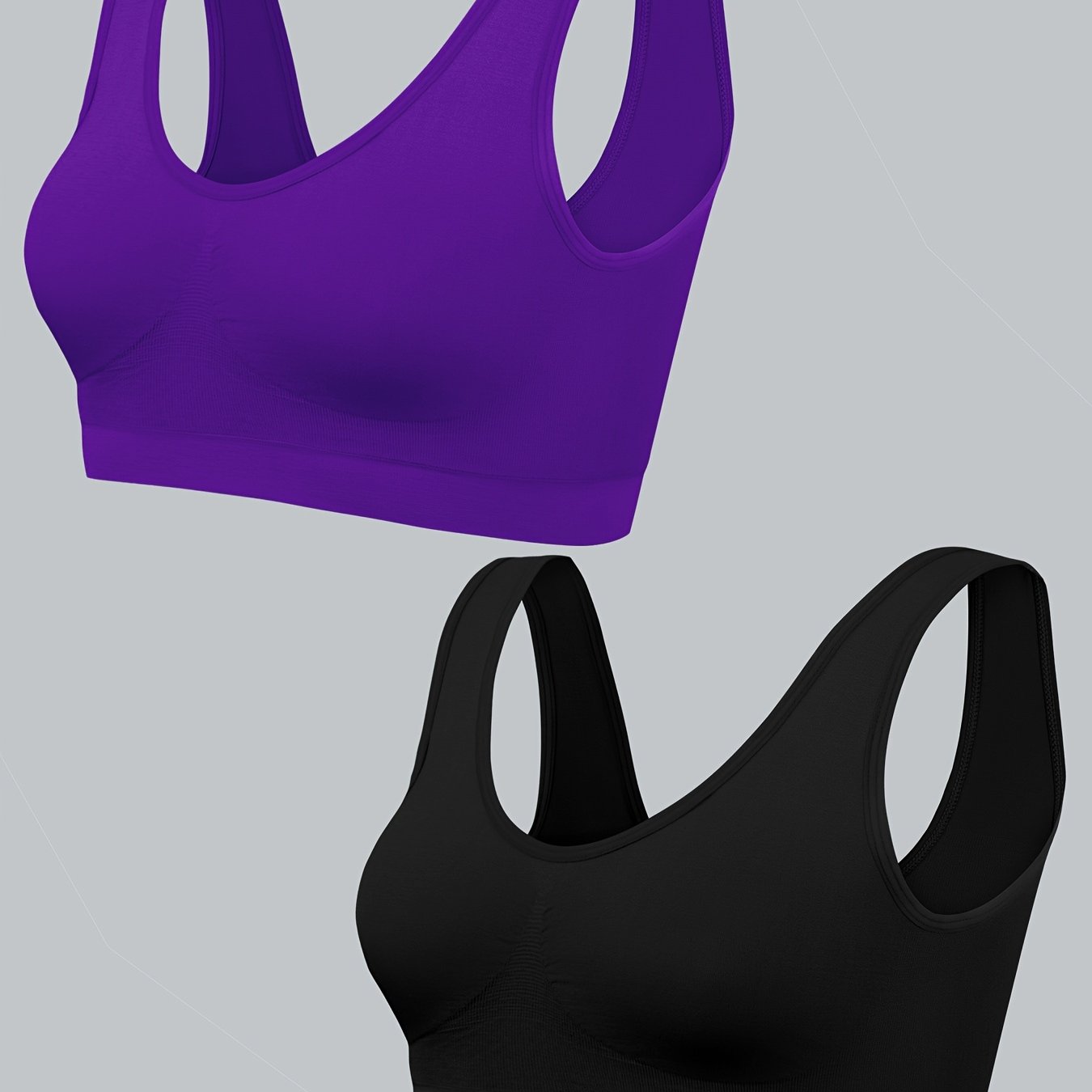 Two women's seamless, high elasticity sports bras made from solid color polyamide knit fabric. Offers high support and does not contain padding. Great for adult athletic activities.