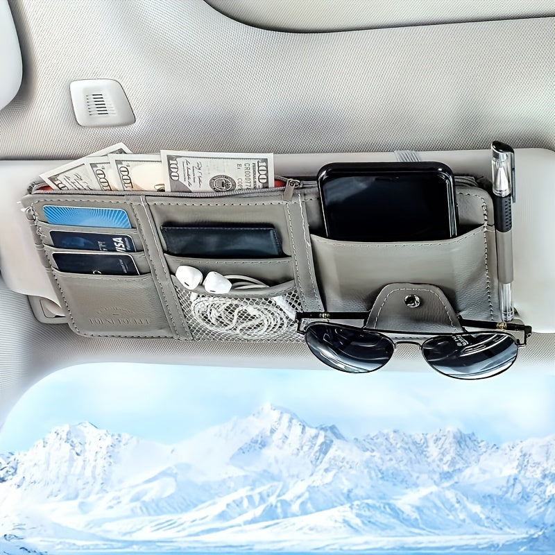 Car sun visor storage box with multiple functions: sunglasses organizer, card pouch, interior accessory.