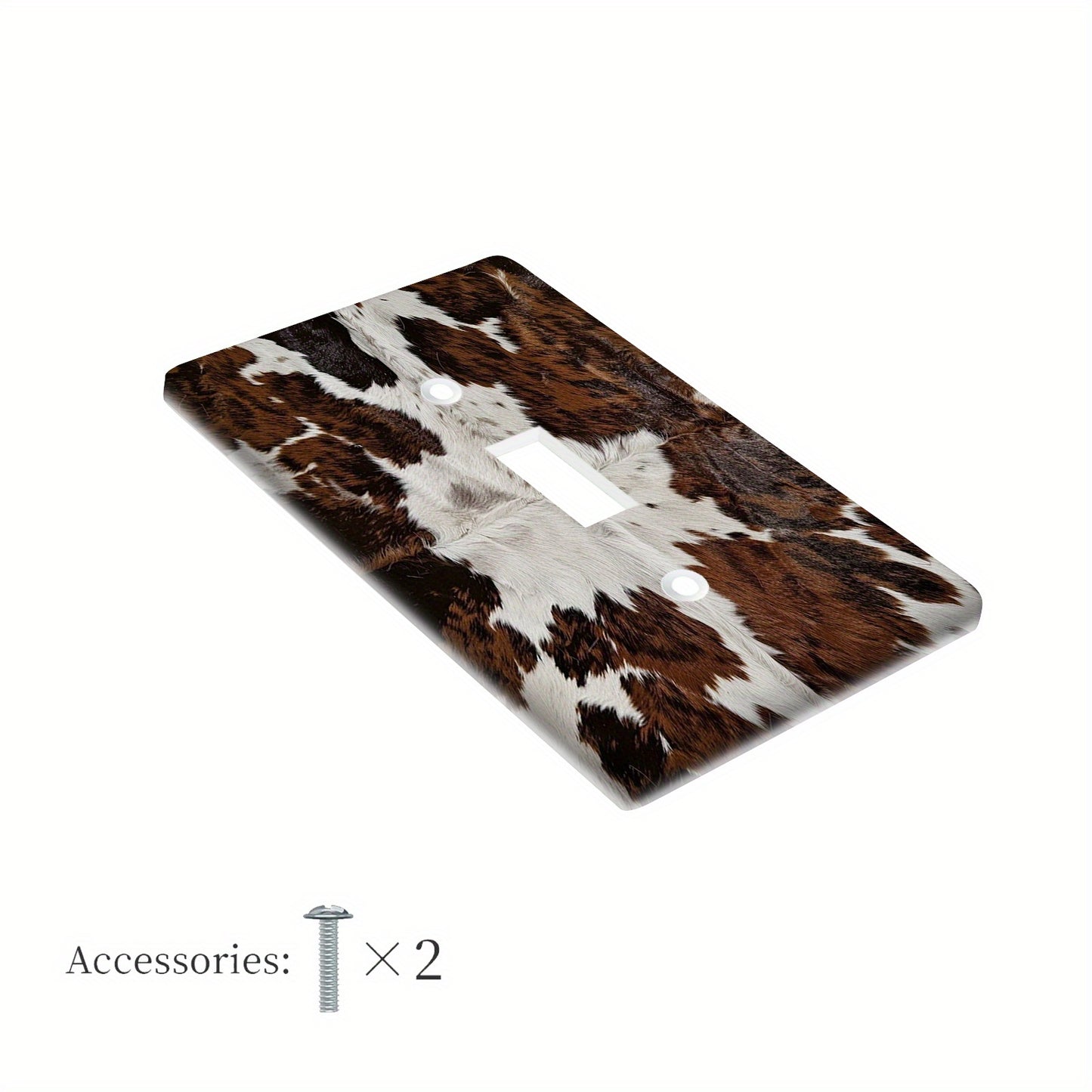 Cowhide pattern wall plate for indoor/outdoor use, fits 1-2 sockets in bedroom, kitchen, or bathroom.