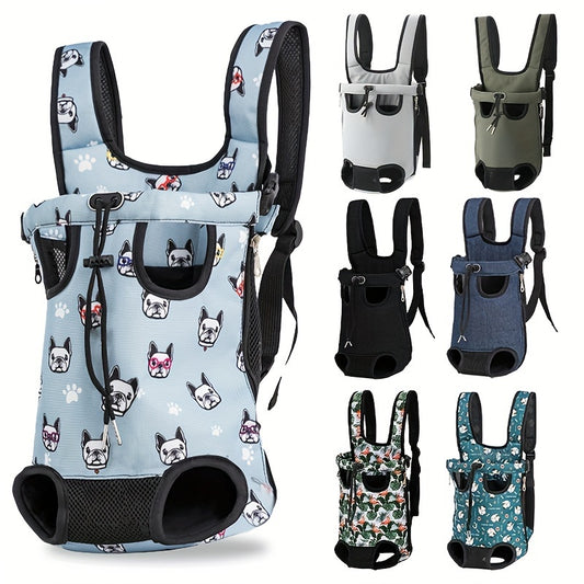 Adjustable pet backpack with breathable design, portable four-legged straps, and internal safety buckle. Ideal for outdoor adventures with dogs and cats.