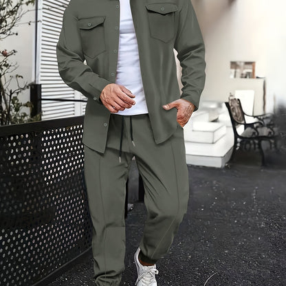 Men's casual sports suit set with long sleeve polyester shirt and matching pants, featuring multiple pockets and breathable slight stretch fabric. Designed for daily and casual wear in the