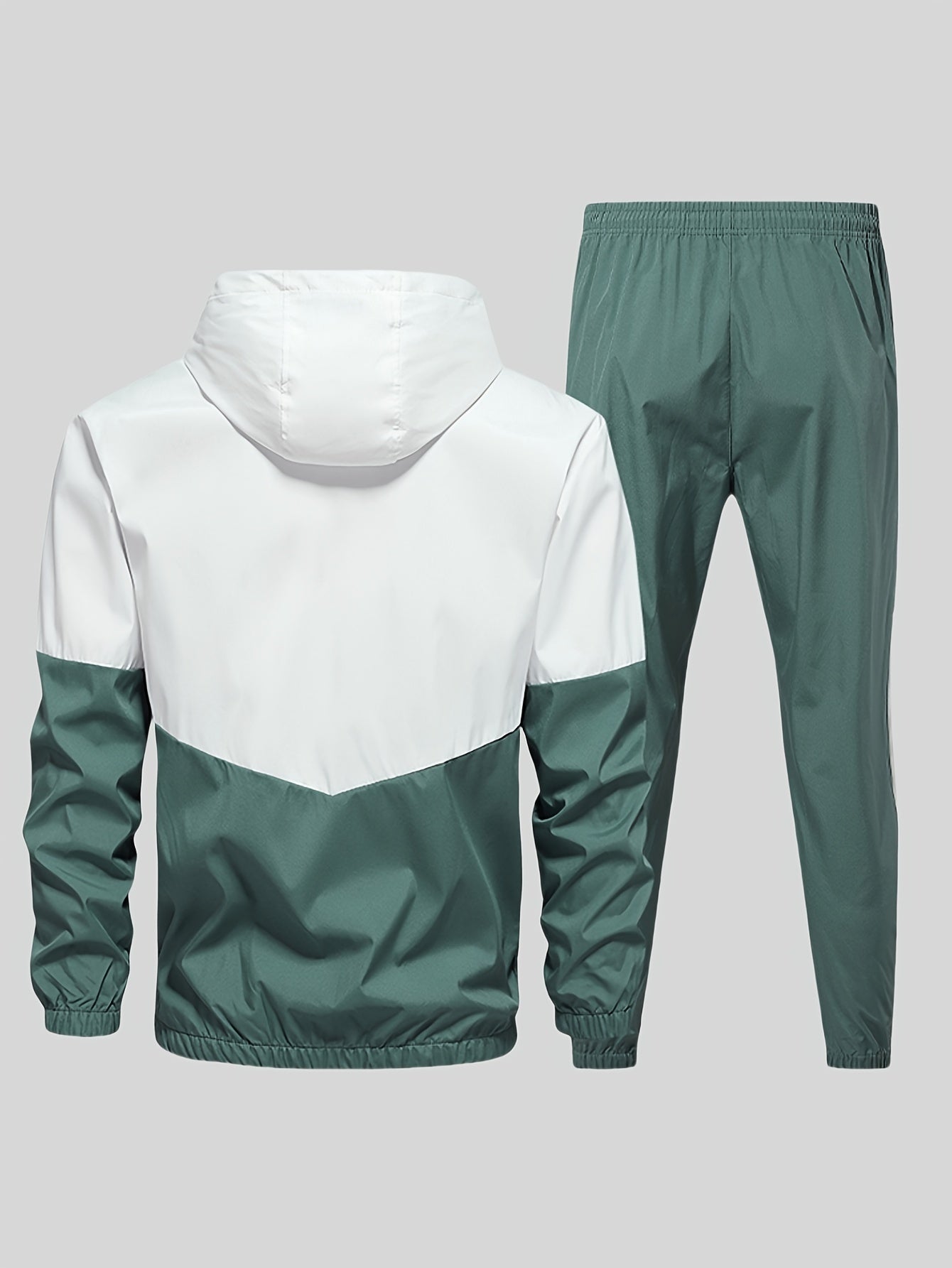 Men's casual sporty green and white zip-up hooded jacket and pants set made of durable woven polyester. Machine washable with pockets, perfect for running, golf, hiking in the spring and