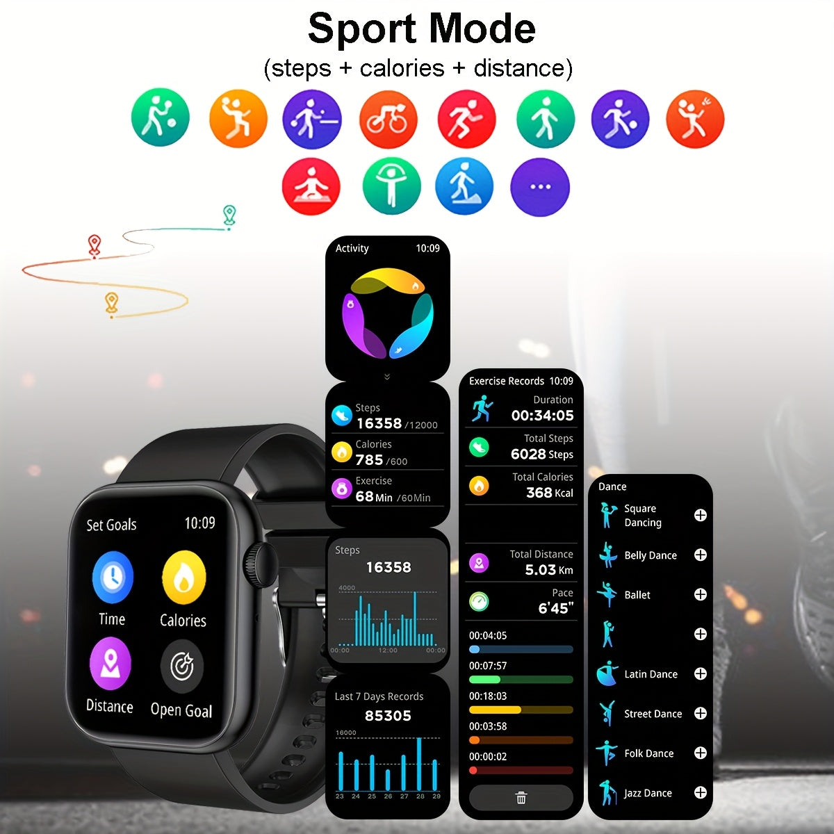 Men's Smart Sports Watch with a 1.83-inch Full Touch Screen compatible with Android and iPhone. Includes over 100 sports modes, customizable watch faces, calculator, calorie tracker, step