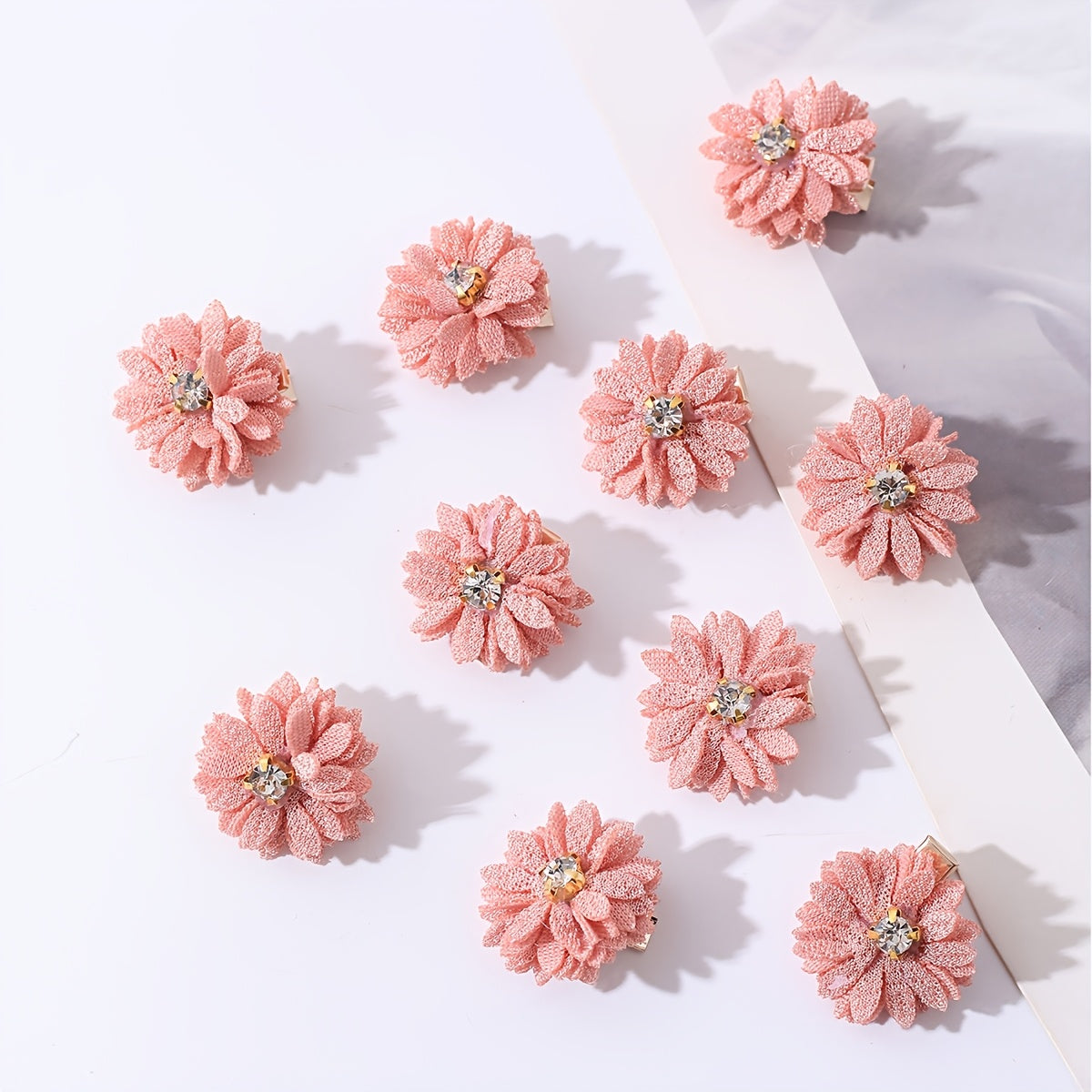 A set of 10 Chinese-style hair clips with fabric flowers and rhinestone centers in white, perfect for parties and daily wear.