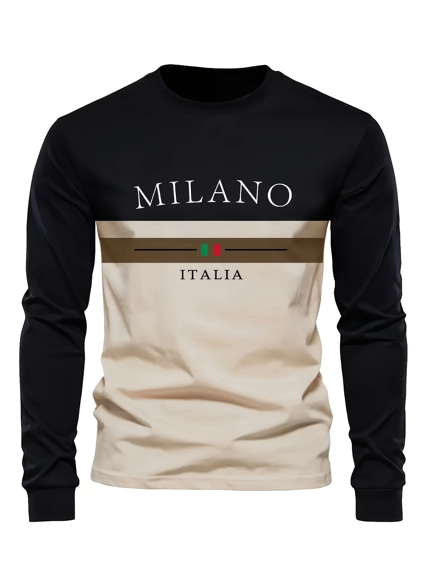 Milano Italy Graphic Print Long Sleeve T-Shirt for Men, Polyester Knit Fabric, Regular Fit with Alphabet Pattern, Italian T Shirt