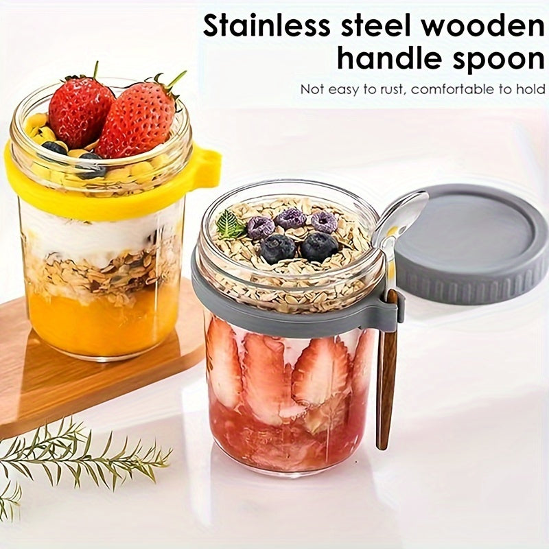 Four pieces of leak-proof storage containers for overnight oats, complete with lids and spoons. These reusable 12 oz glass Mason jars are perfect for storing milk, cereal, fruit, and yogurt. The large capacity airtight jars are essential kitchen