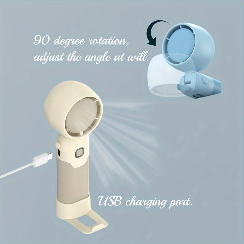 Portable USB charging fan with three-speed wind adjustment, foldable design, and multi-functional capability suitable for various scenarios, including handheld use, desktop placement, and wearing on a halter during summer months.