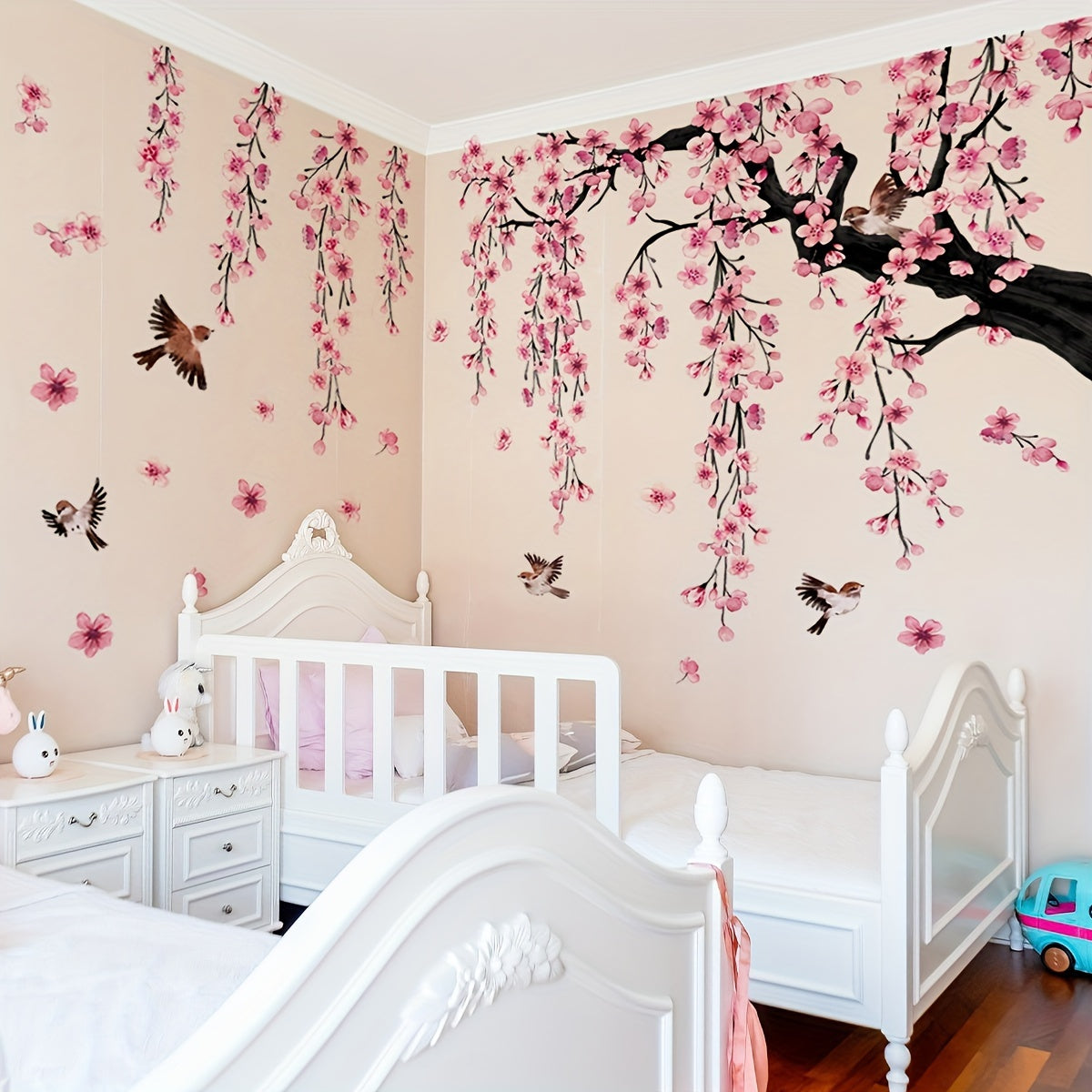 Set of 4 pink peach blossom tree bird falling flower stickers for living room, bedroom, and bathroom wall decor.