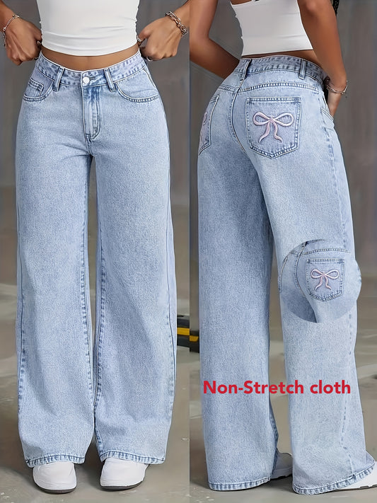 High-rise light wash blue denim wide-leg pants with butterfly details - street style, non-stretch fabric, machine washable.