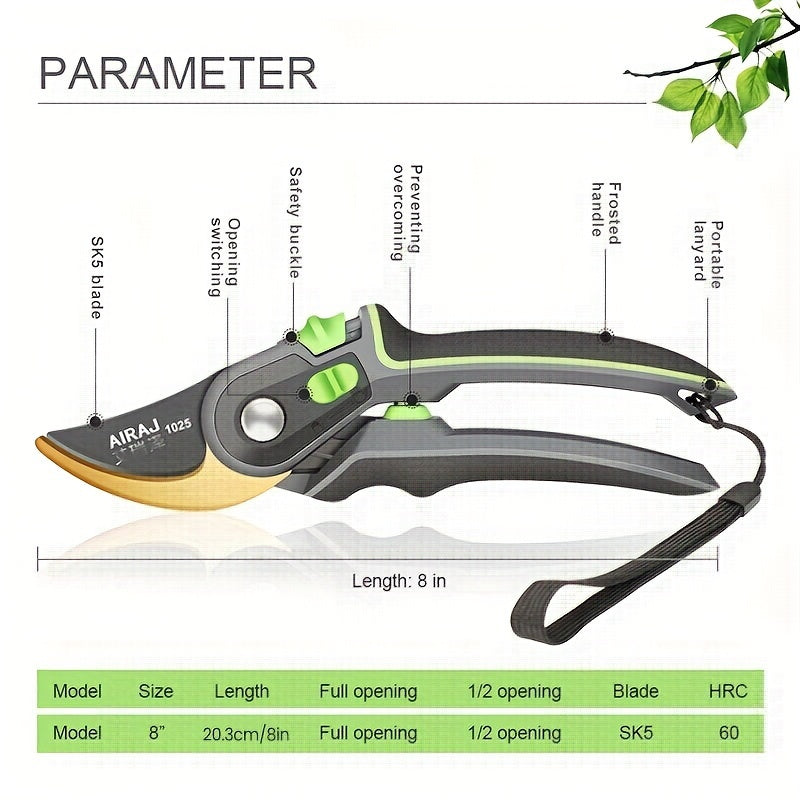 AIRAJ Pruning Shears: Professional Grade with Sk5 Steel Blade, Safety Lock, Ergonomic Grip, Adjustable Opening, Non-Slip Handles.