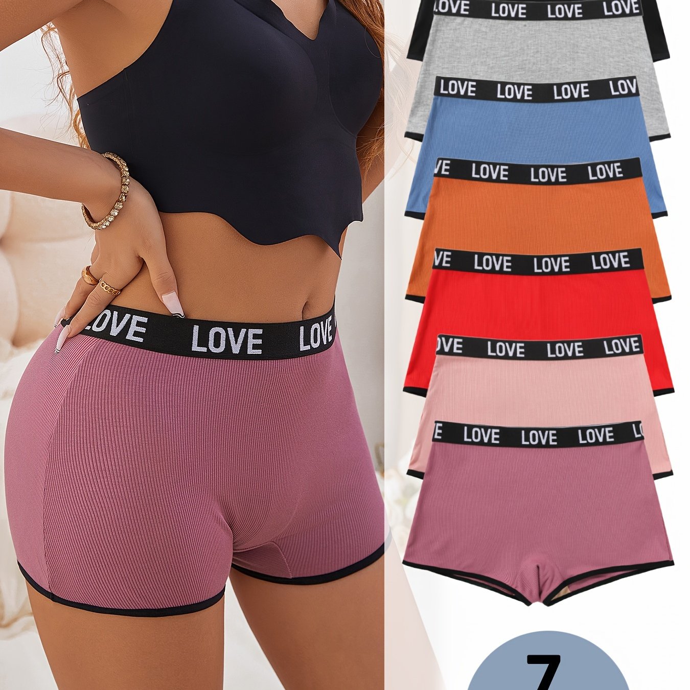 7 pieces of letter print boxer shorts with contrast trim, seamless and breathable for women's lingerie and underwear.